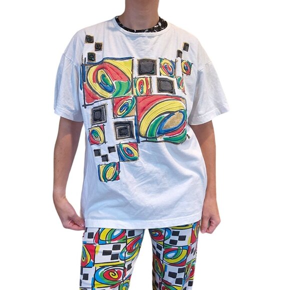 Vintage 80s 90s Streetwear Outfit Artwear Tunic Baggy Tshirt Checkered Set S/M/L - Picture 3 of 13